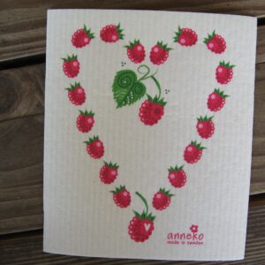 Swedish screen printed dish washing sponge/ dish cloth "raspberry heart" Anneko of Sweden 73/4"x 63/4"