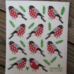 Swedish screen printed dishwashing sponge/ dish cloth "Domherrar" (11 bullfinches)
