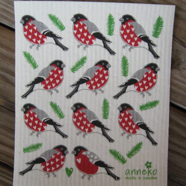 Swedish screen printed dishwashing sponge/ dish cloth "Domherrar" (11 bullfinches)