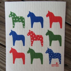 Swedish screen printed dishwashing sponge/ dish cloth "Multicolored Dala Horses"
