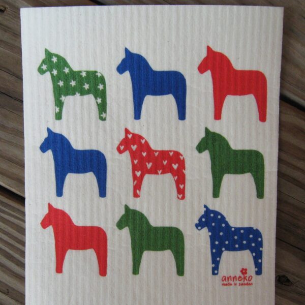 Swedish screen printed dishwashing sponge/ dish cloth "Multicolored Dala Horses"