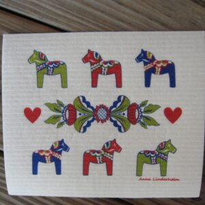 Swedish screen printed dishwashing sponge/ dish cloth "Multi-colored Dala horses with Kurbitx and Hearts "
