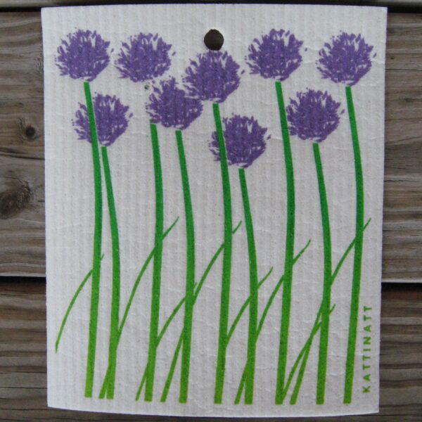 Swedish screen printed dishwashing sponge/  dish cloth, "Purple Chives"