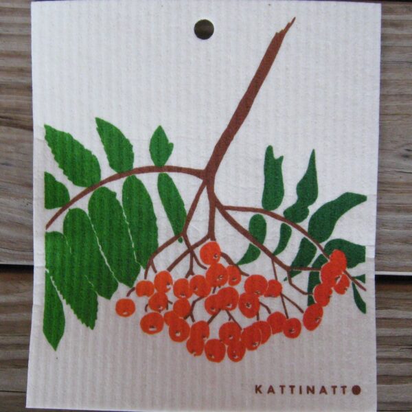 Swedish screen printed dishwashing sponge/ dish cloth, "Rowanberries" (Rönnbär)