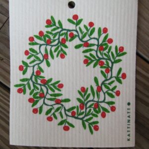 Swedish screen printed dish washing sponge/ dish cloth " Holly Wreath"