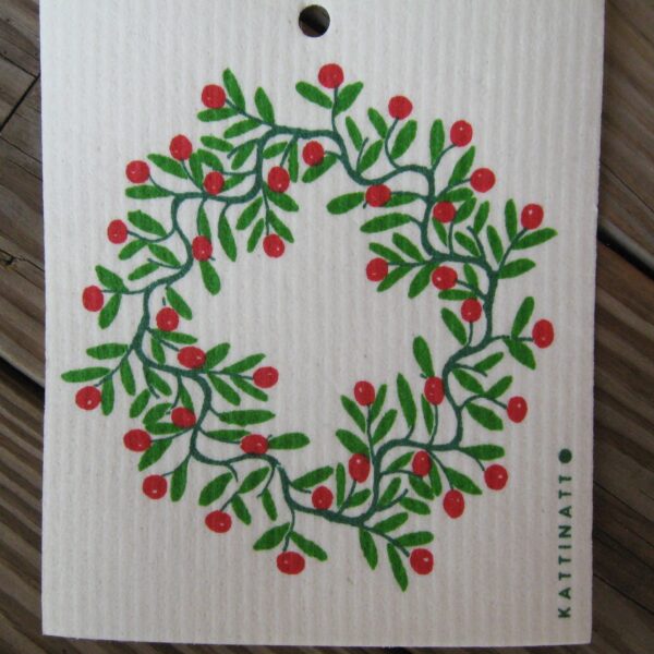 Swedish screen printed dish washing sponge/ dish cloth " Holly Wreath"