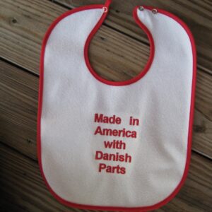 Baby bib "Made in America with Danish Parts" embroidered terrycloth 11x 15"