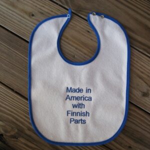 Baby bib "Made in America with Finnish Parts" embroidered terrycloth  11" x 15"