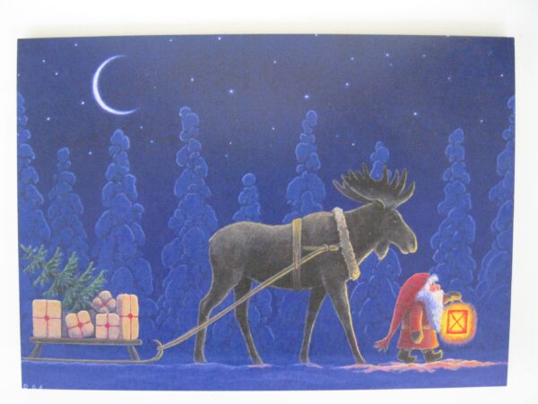 Box of 12 Christmas cards with envelopes "Tomte and Moose"  Swedish text  7" x 5"