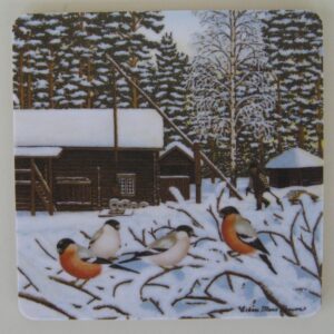 Christmas coaster with "Domherrar" motif by Erkers Marie Persson, 3.5" x 3.5", cork laminated, made in Sweden