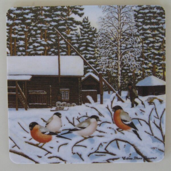 Christmas coaster with "Domherrar" motif by Erkers Marie Persson, 3.5" x 3.5", cork laminated, made in Sweden