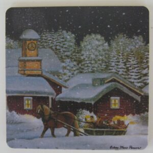 Christmas coaster with "Sled Party" motif by Erkers Marie Persson, 3.5" x 3.5", cork laminated, made in Sweden