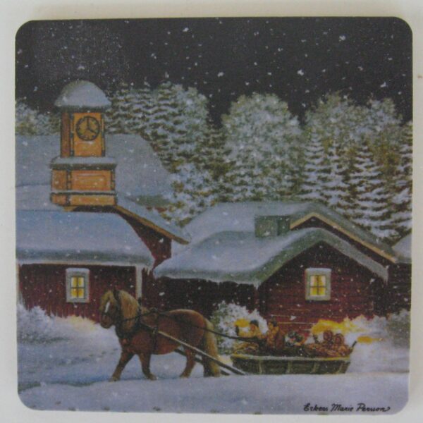 Christmas coaster with "Sled Party" motif by Erkers Marie Persson, 3.5" x 3.5", cork laminated, made in Sweden