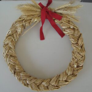 Christmas straw wreath with red ribbon, 11" diameter, made in Sweden