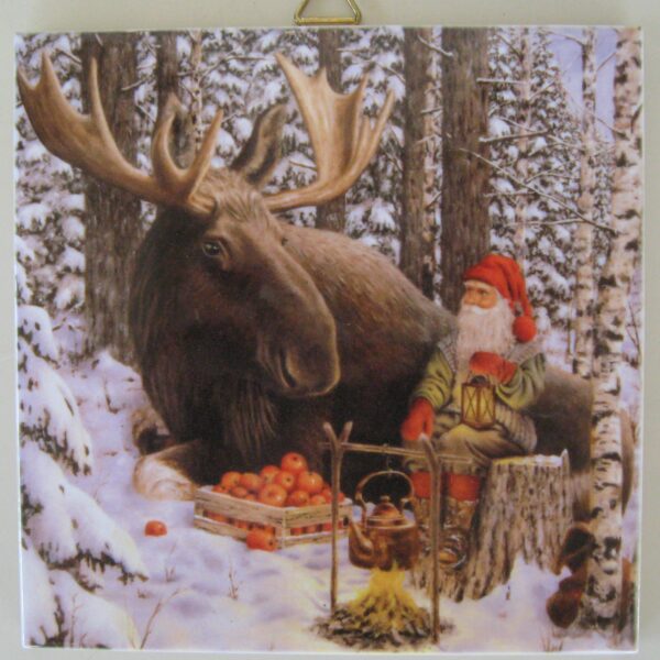 A Christmas tile, "Moose and Tomte", 6" x 6" cork back, hanger