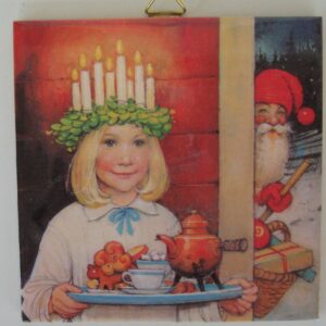 Swedish ceramic tile, "Tomte/ Lucia", 6" x 6" cork back, hanger