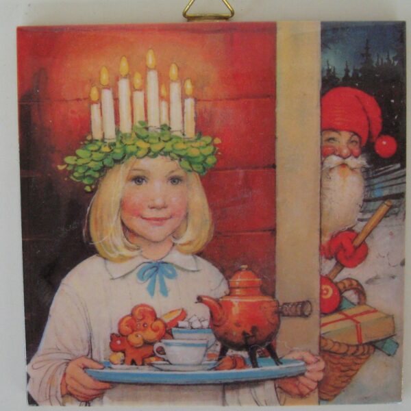 Swedish ceramic tile, "Tomte/ Lucia", 6" x 6" cork back, hanger
