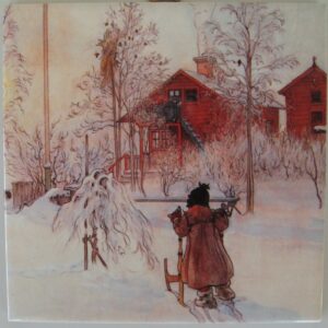 Swedish ceramic tile, "Yard in Winter", 6" x 6", cork back, hanger