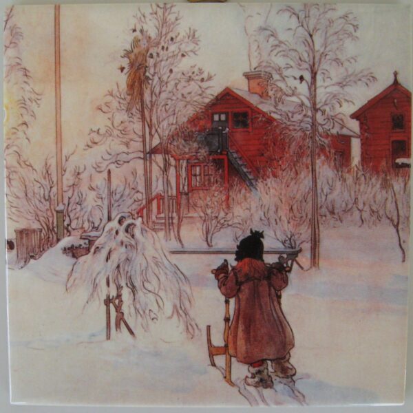 Swedish ceramic tile, "Yard in Winter", 6" x 6", cork back, hanger