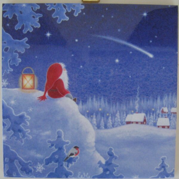 Swedish ceramic tile, "Tomte and Christmas Vistas", 6" x 6", cork back, hanger