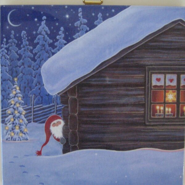 Swedish Christmas tile, "Tomte by cabin", 6" x 6" cork back, hanger