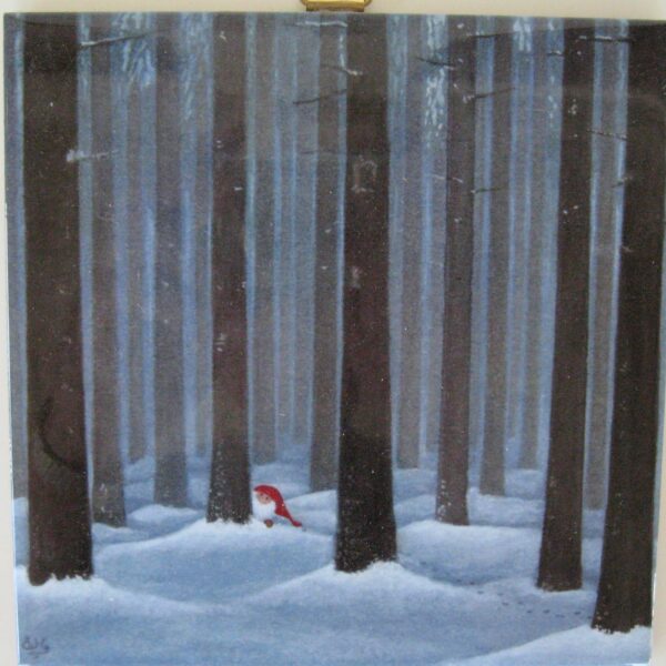Swedish Christmas tile 6"x 6"  "tomte in woods" cork back, hanger