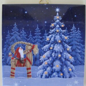 Swedish Christmas tile 6"x 6" "tomte and goat", cork back, hanger