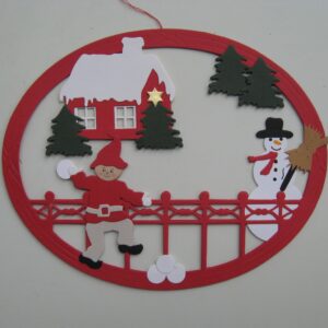 "Nisse with snowman" papercut mobile, 6.5" x 5"
