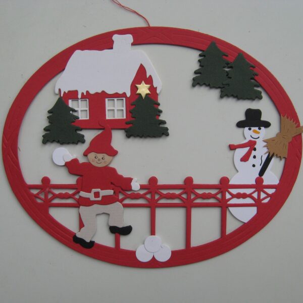"Nisse with snowman" papercut mobile, 6.5" x 5"