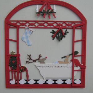 "Rudolph in bathtub" papercut mobile, 6.5" x 5.5"  1 left