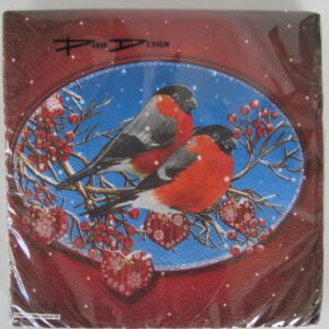 Christmas beverage napkins with "Domherrar (Bullfinches) on blue/red background, Pixie design, 3-ply, 20/pkg