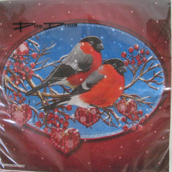 Christmas luncheon napkins with "Domherrar (Bullfinches) on blue/red background,, 3-ply, 20/pkg