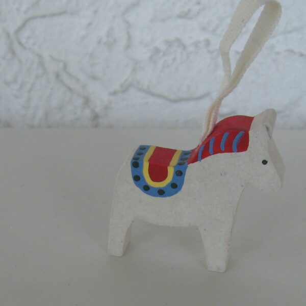 Dala Horse ornament red, yellow blue, white  2" wood  Made in Sweden