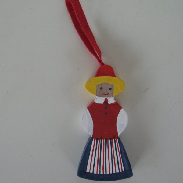 Folk dress ornament girl in Swedish folkdress 3"  Made in Sweden  wood