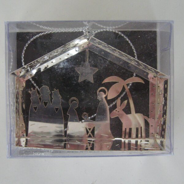 Nativity scene silver metal ornament 2.5" x 2"  Made in Sweden