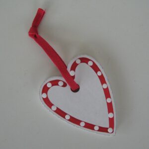 White and red heart ornament wood  2.5"  Made in Sweden