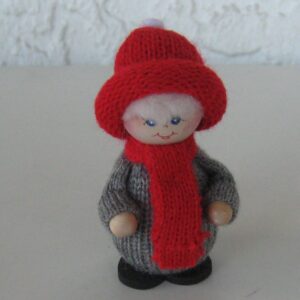 Grey boy with red hat and scarf, 3" tall, Swallings of Sweden  1 left