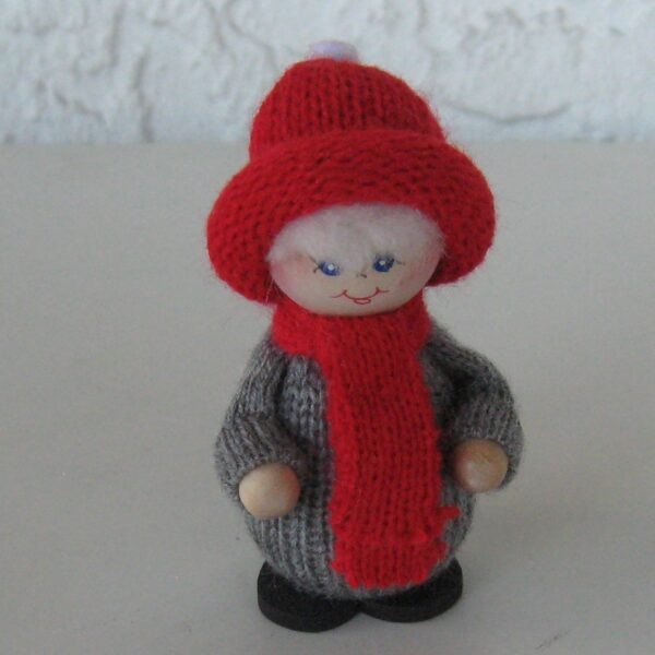 Grey boy with red hat and scarf, 3" tall, Swallings of Sweden  1 left