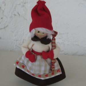 Lady tomte with tubular present 6" tall   red mittens and brown skirt  Butticki of Sweden  1 lleft