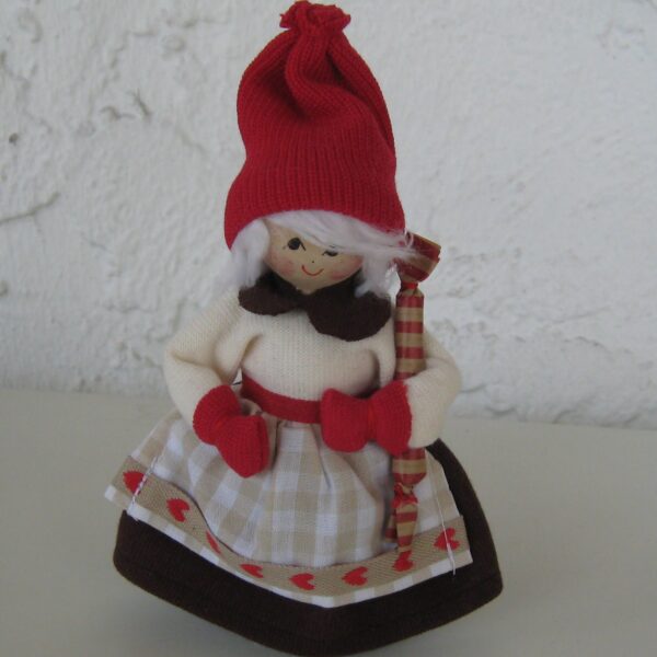 Lady tomte with tubular present 6" tall   red mittens and brown skirt  Butticki of Sweden  1 lleft