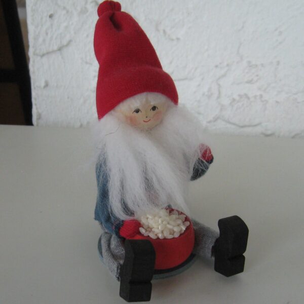 Sitting Tomte with bowl of rice porridge, 4"x4", Butticki of Sweden