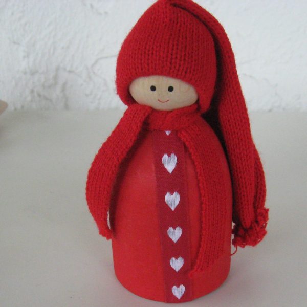 Red wood tomte 5"  Made in Sweden    "hearts ribbon"
