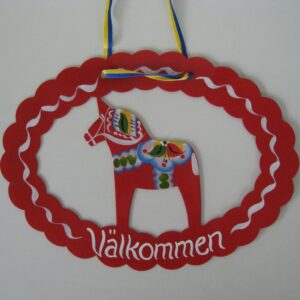 Hand Painted Dala Horse Metal Welcome Sign Red