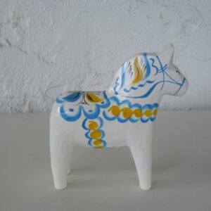 Sweden Dala Horse, white with yellow and blue markings 5"