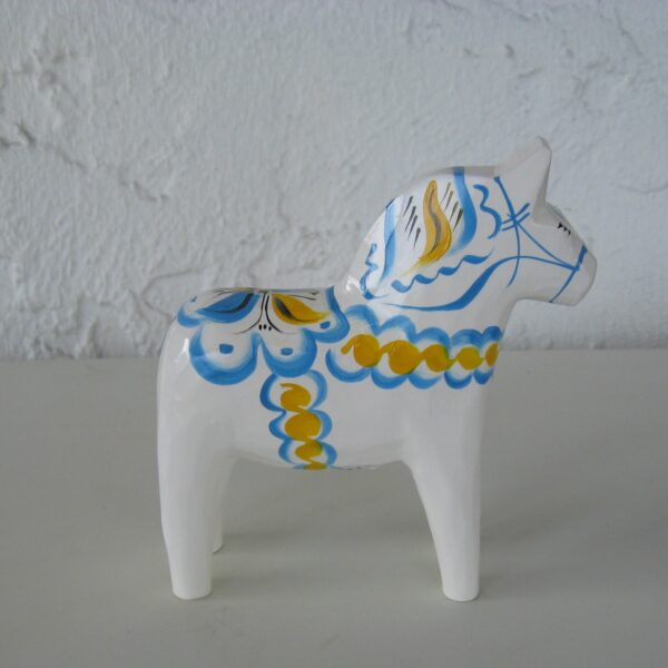 Sweden Dala Horse, white with yellow and blue markings 5"