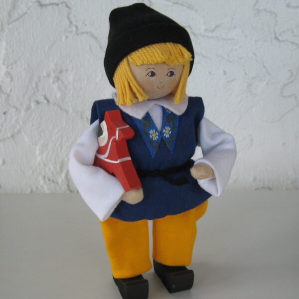 Swedish folk dress doll, boy with Dalahorse, 8" tall  Butticki of Sweden