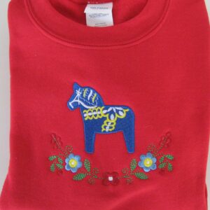 Sweatshirt, red, with embroidered blue Dalahorse, size: Small