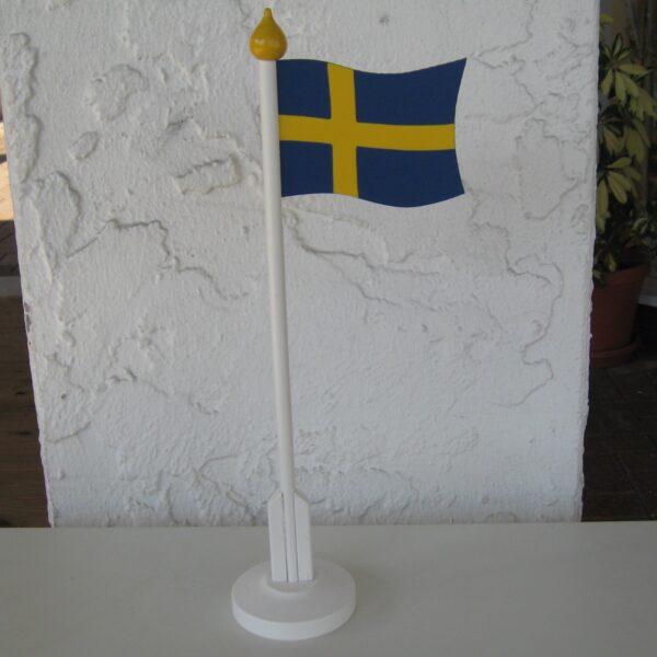Handpainted wood Swedish table flag by Larssons Tra of Sweden, 13" high