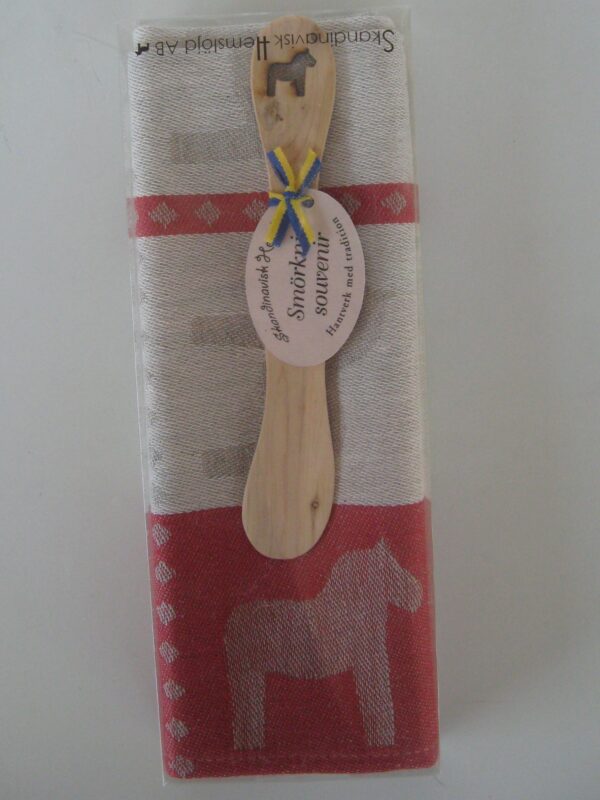 Boxed dish towel set with juniper spreader Dala horse design towel 27" x 18" Made in Sweden