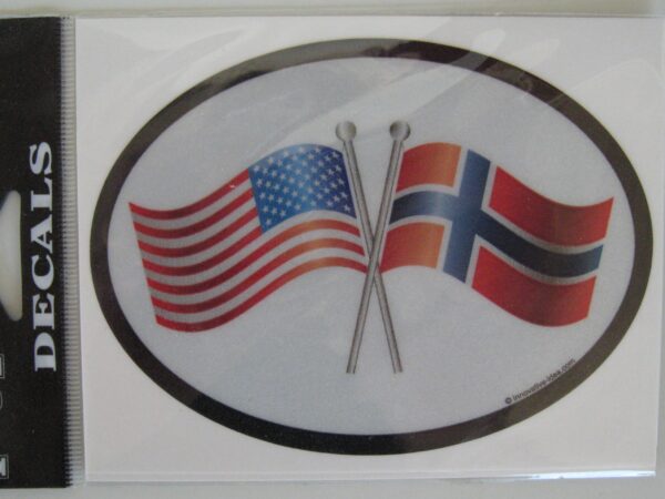 Oval decal with Norwegian/American Flags, 4.4" x 3.5"